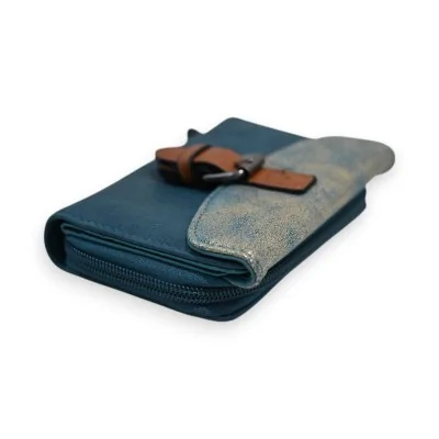 Portefeuille compact bleu pétrole et or avec fermeture éclair et attache en cuir marron Portefeuille compact bleu pétrole et or avec fermeture éclair et attache en cuir marron