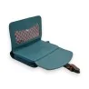 Portefeuille compact bleu pétrole ouvert avec motif intérieur et languette dorée