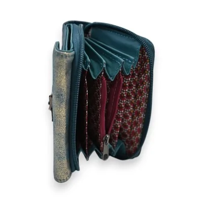 Portefeuille compact bleu pétrole et or Mélanie Paris, intérieur à compartiments Portefeuille compact bleu pétrole et or Mélanie Paris, intérieur à compartiments