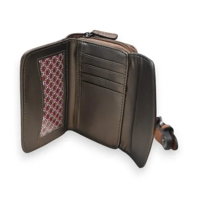 Portefeuille compact bronze Mélanie Paris ouvert avec compartiments et doublure motif Portefeuille compact bronze Mélanie Paris ouvert avec compartiments et doublure motif