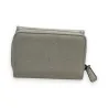 Portefeuille compact en cuir texturé gris-vert clair avec fermeture éclair, style él...