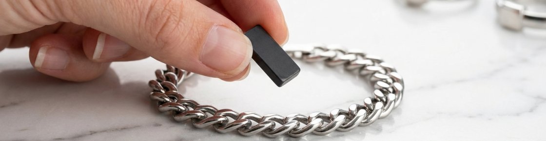 Test de l'aimant sur un bijou en acier inoxydable