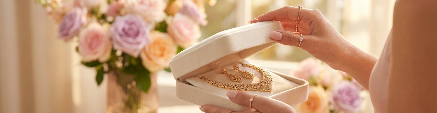 Coffret cadeau parure bijoux fête des mères dorée avec écrin