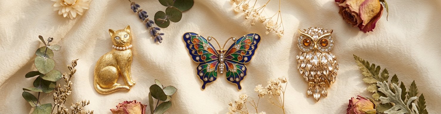 Broches animaux fantaisie chat papillon et hibou sur tissu soyeux