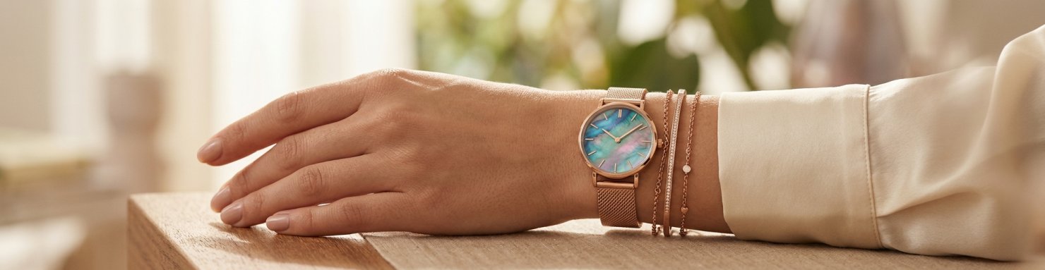 Montre fantaisie femme bracelet rose gold sur poignet elegant