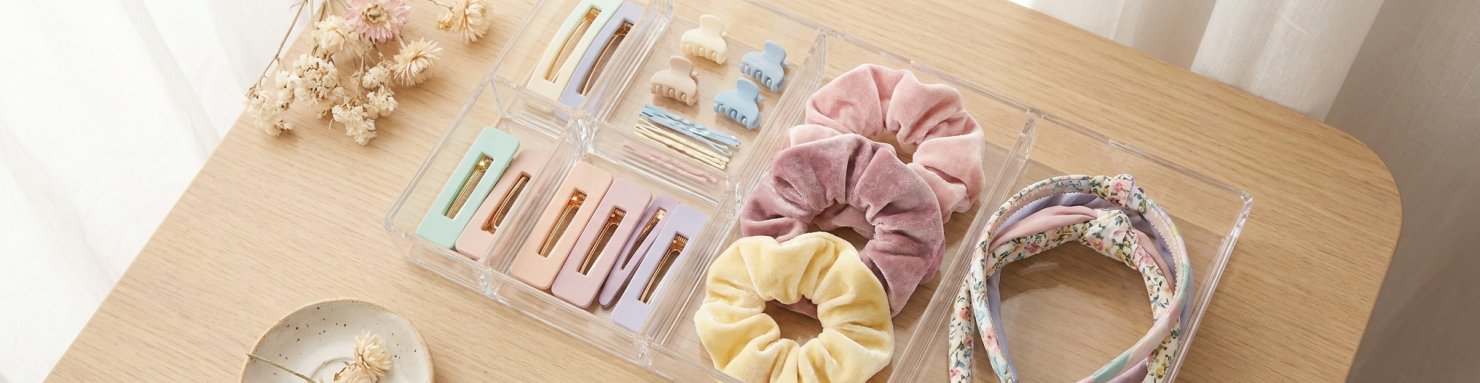 Boîte de rangement transparente pour accessoires cheveux avec compartiments