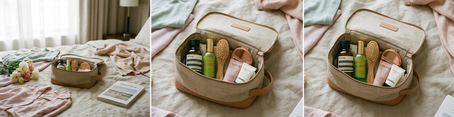Trousse de toilette ouverte avec produits de beauté miniatures pour voyage