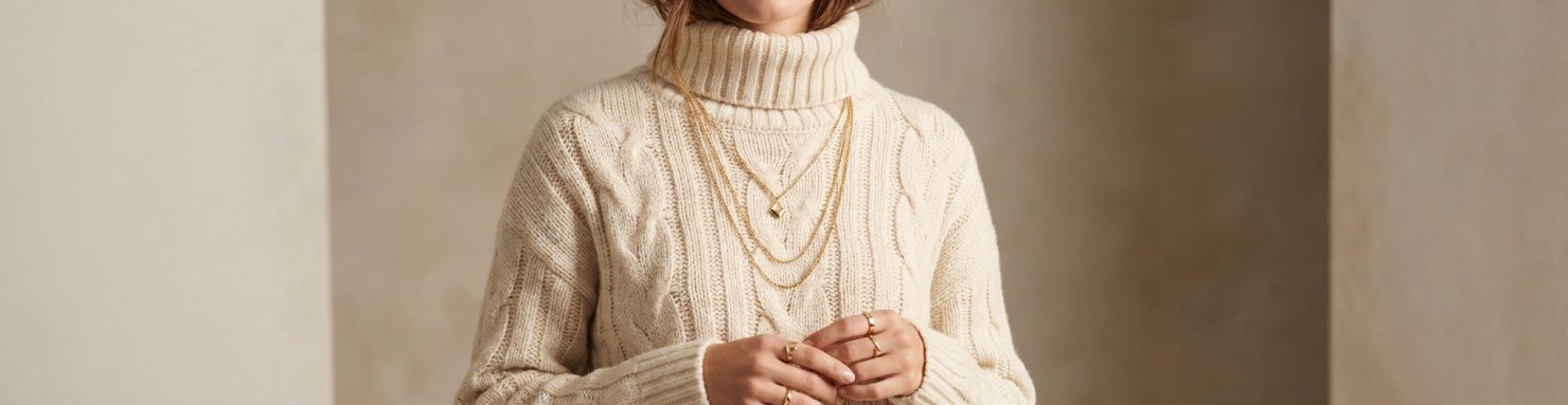 Sautoir long porté sur un col roulé, collier chaîne dorée sur pull en maille