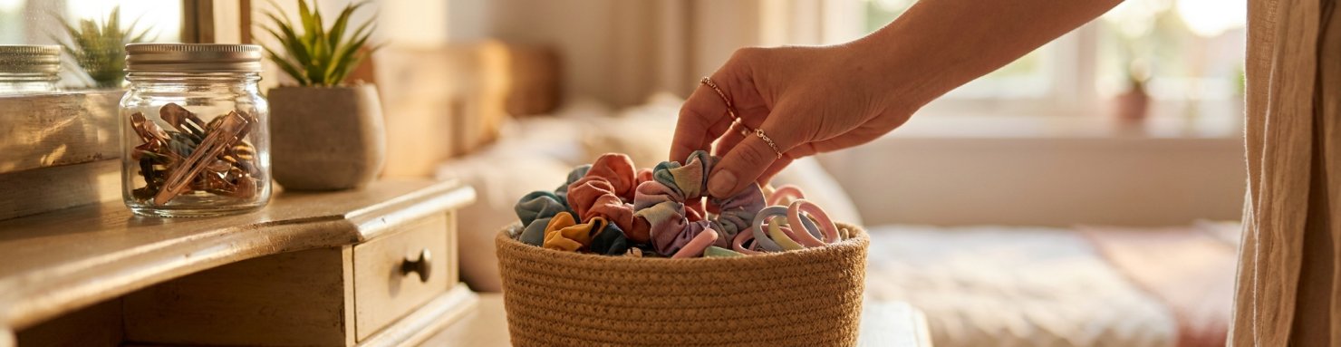 Rangement de chouchous et élastiques cheveux dans un panier tressé