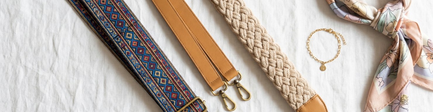 Trois sangles de sac bandoulière en tissu, cuir et coton tressé