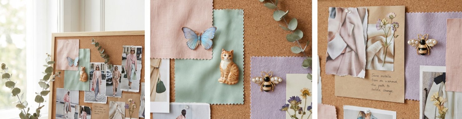 Broches animaux tendance 2026 papillon chat et abeille sur mood board