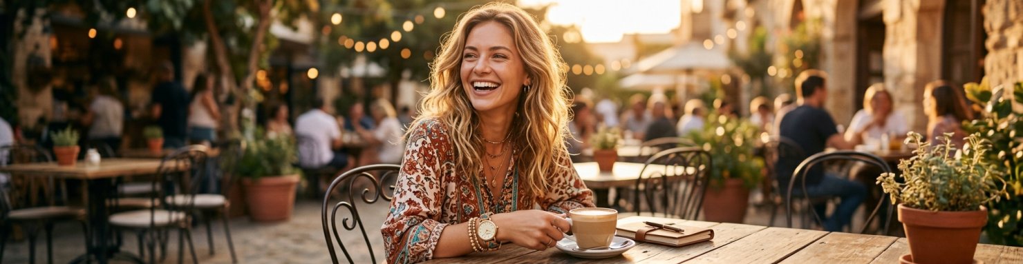 Femme portant une montre fantaisie tendance en terrasse ambiance estivale