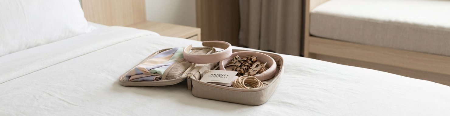 Trousse de voyage ouverte avec accessoires cheveux rangés par catégorie