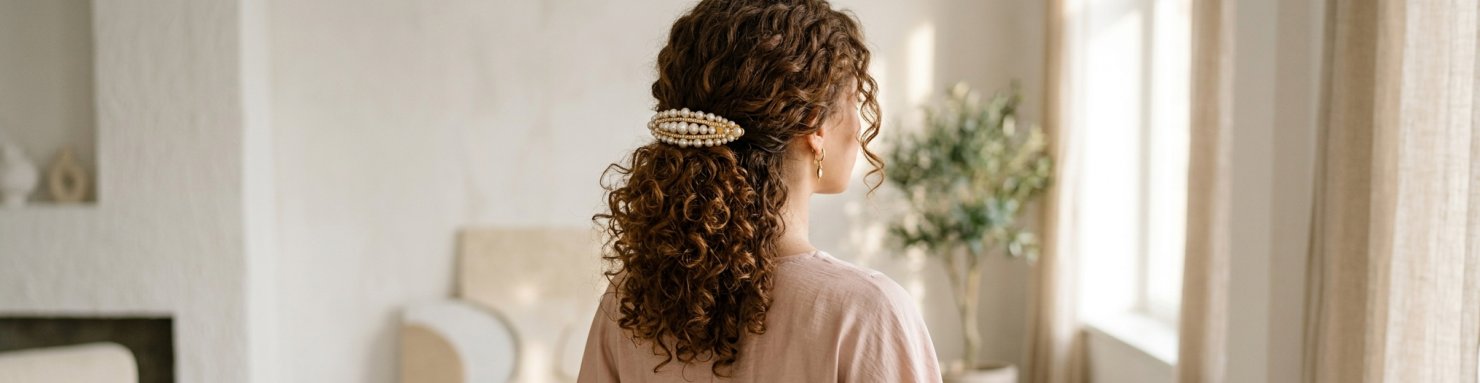 Coiffure femme avec grande barrette dorée ornée de perles