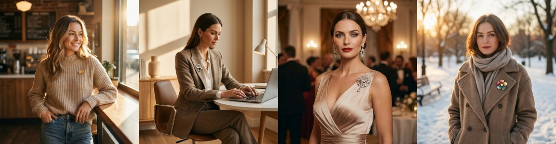 Différentes occasions de porter une broche : quotidien, bureau, soirée et hiver