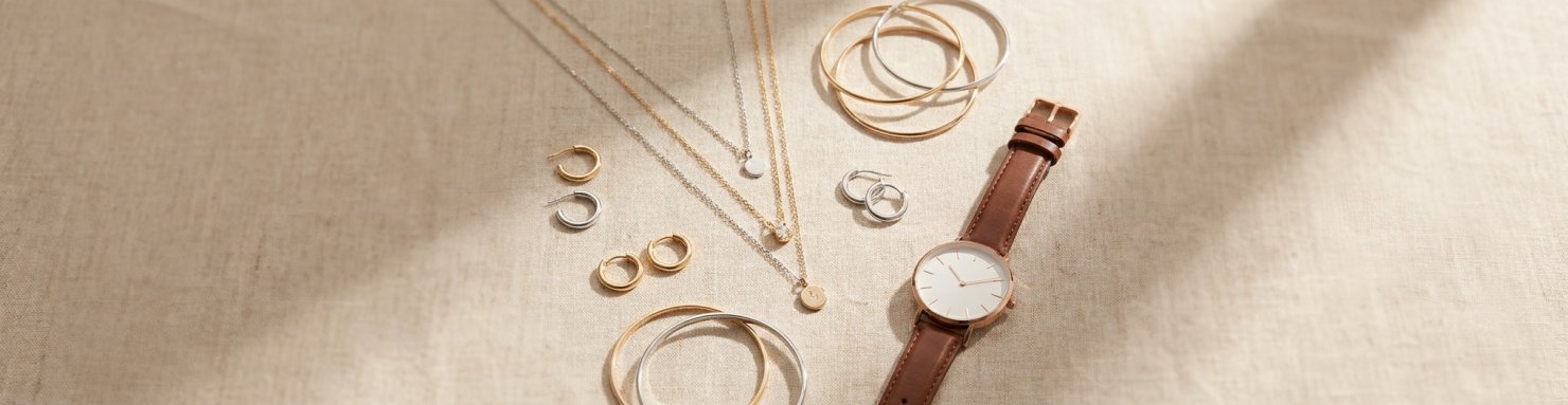 Selection de bijoux fantaisie pas cher dorés et argentés en flat lay