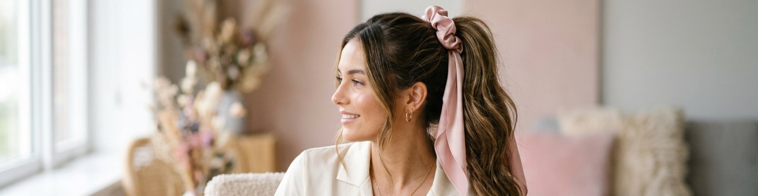 Chouchou foulard en soie porte en queue de cheval sur cheveux longs