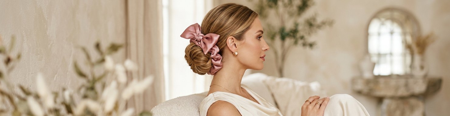 Chignon bas realise avec un chouchou foulard en satin rose